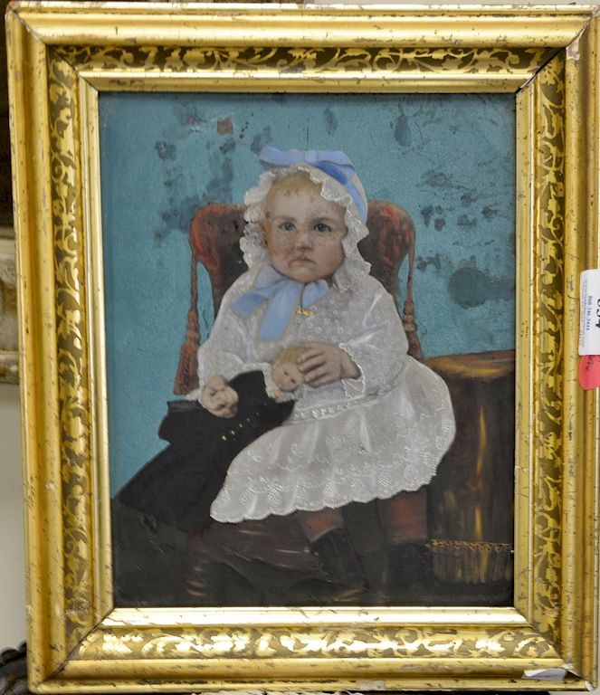 Appraisal: Early oil on tin depicting a boy holding a doll