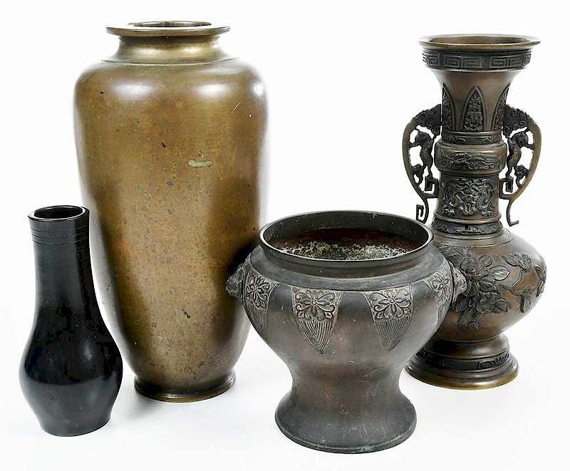 Appraisal: Four Asian Bronze Vases th century two with relief decoration