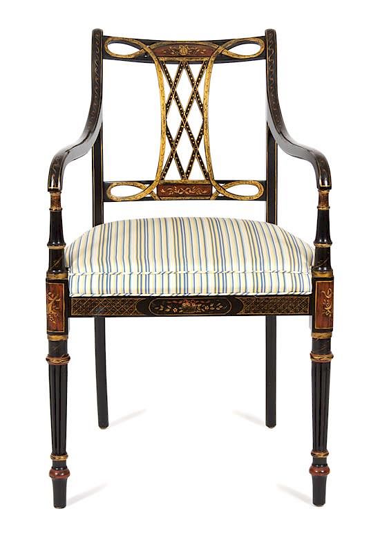 Appraisal: A Regency Style Ebonized and Gilt Decorated Open Armchair Height