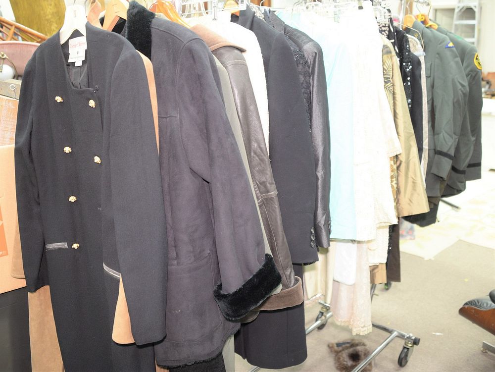 Appraisal: Rack of clothing to include dresses coats leather jacket etc