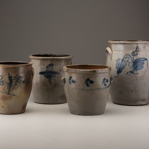 Appraisal: Four Cobalt Decorated Stoneware Crocks th Century each with brushed