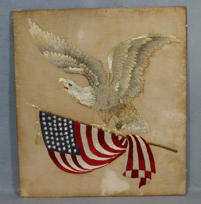 Appraisal: Unframed silk embroidery of an eagle with a flag th