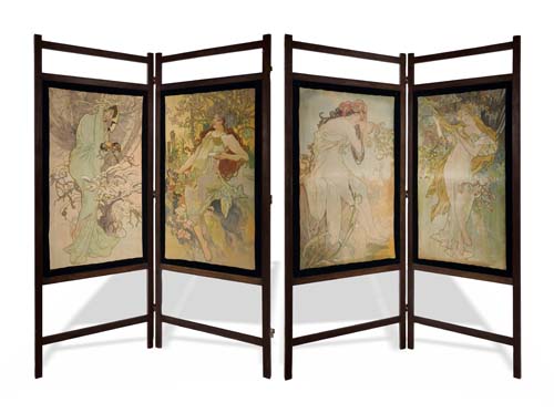 Appraisal: D'APRES ALPHONSE MUCHA - THE SEASONS Four panel wooden screen