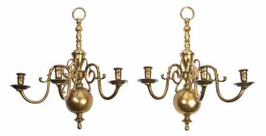 Appraisal: A Pair of Dutch Baroque Three-Light Brass Wall Sconces the