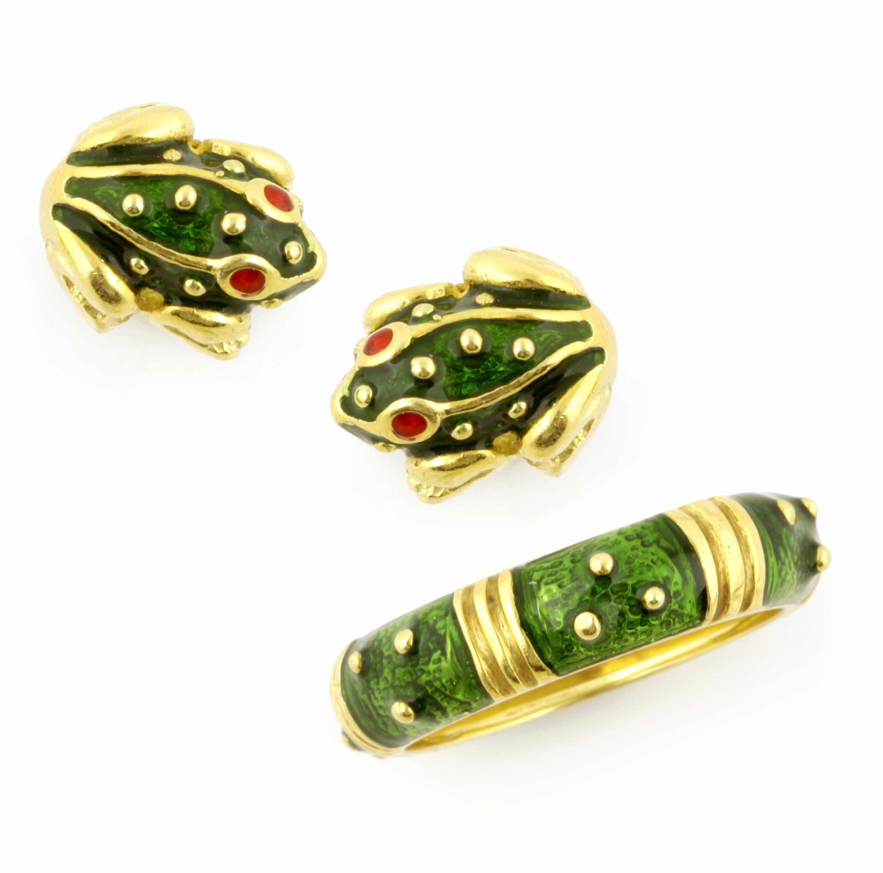 Appraisal: A pair of enamel k and k gold frog motif