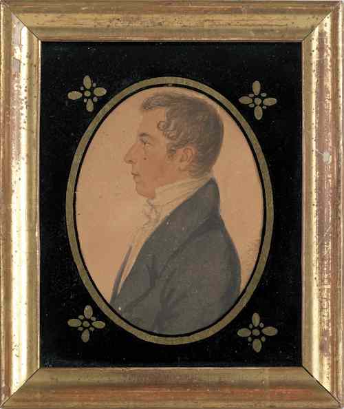 Appraisal: American miniature oval watercolor on paper profile portrait of a