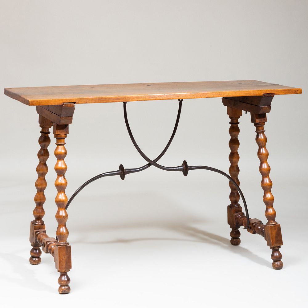 Appraisal: Spanish Baroque Style Walnut and Wrought-Iron Trestle Table x ft