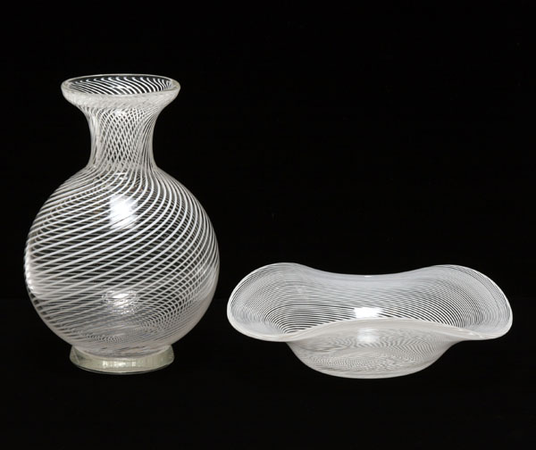 Appraisal: Lot of Murano mezza filigrana glass white caned vase and