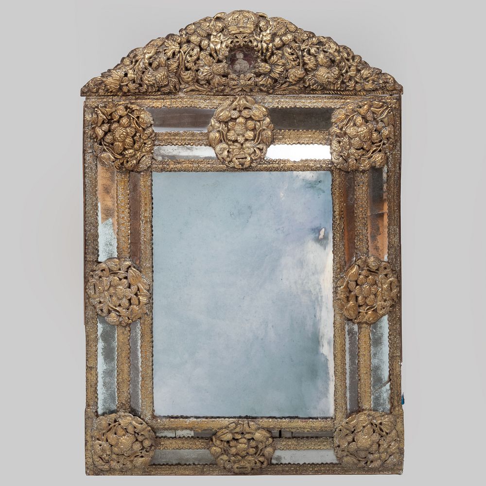 Appraisal: Flemish Baroque Brass Repouss Mirror Fitted with an etched portrait