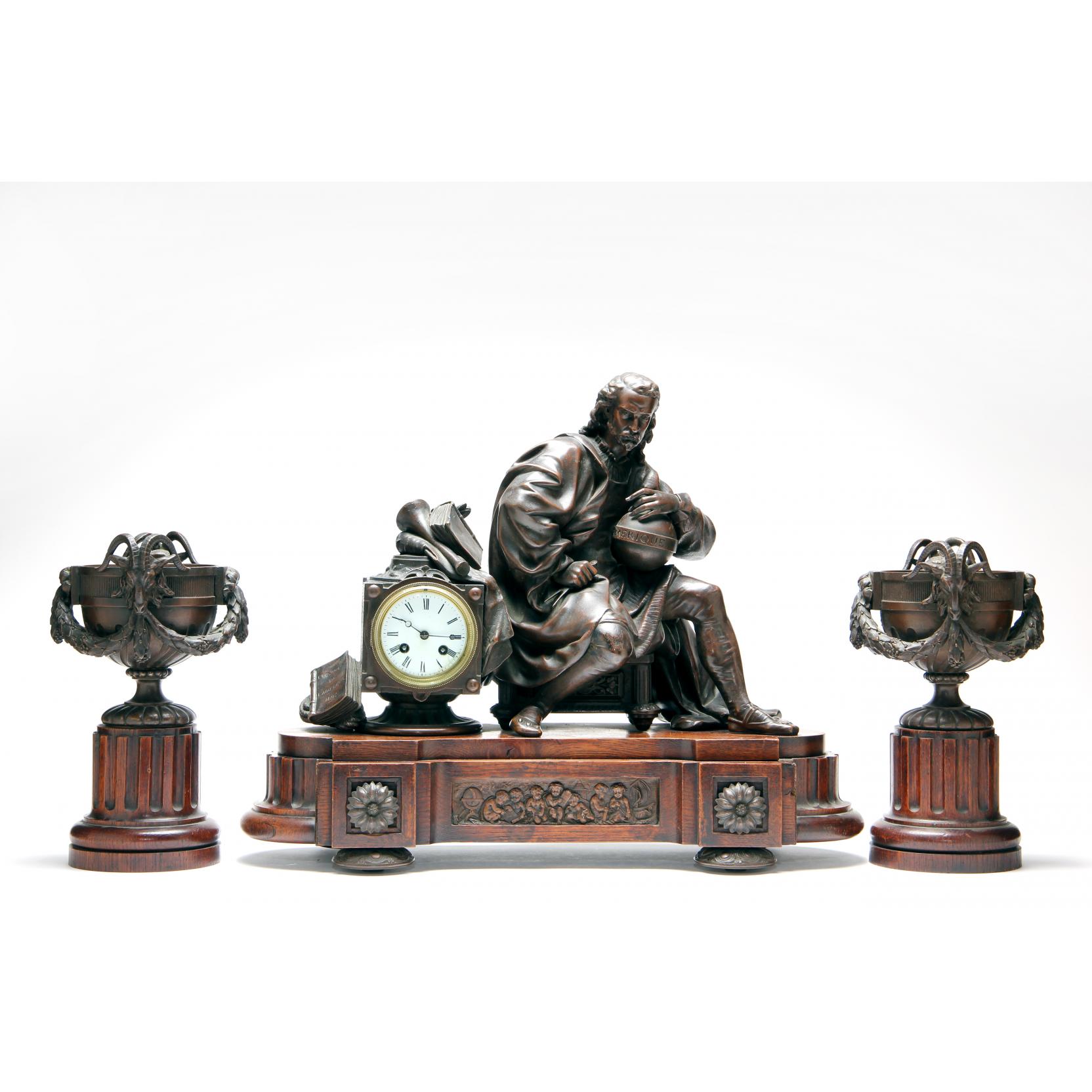 Appraisal: French Clock Garniture With Hollow Cast Bronze Columbus Figural late