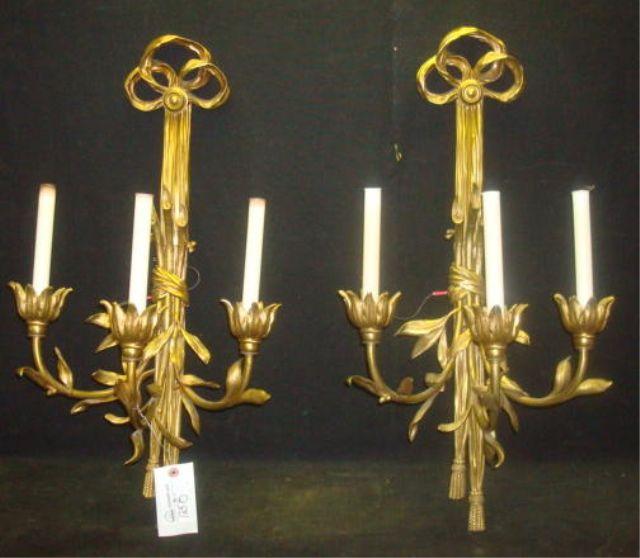 Appraisal: Pair of Gilt Metal Ribbon and Floral Form Sconces From