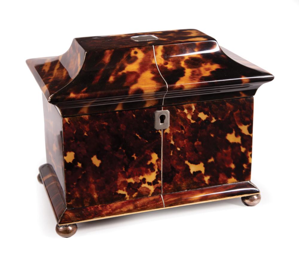 Appraisal: George III Tortoiseshell Pagoda-Form Tea Caddy th c interior with