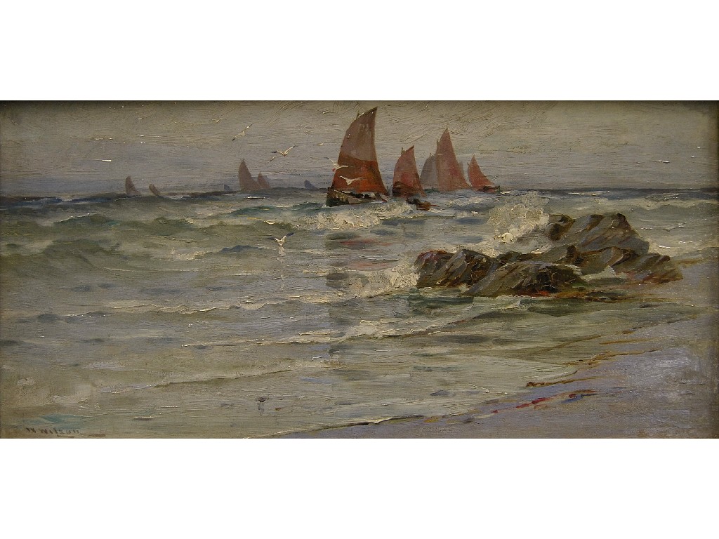 Appraisal: W Wilson - Sailing boats off a rocky coast oil