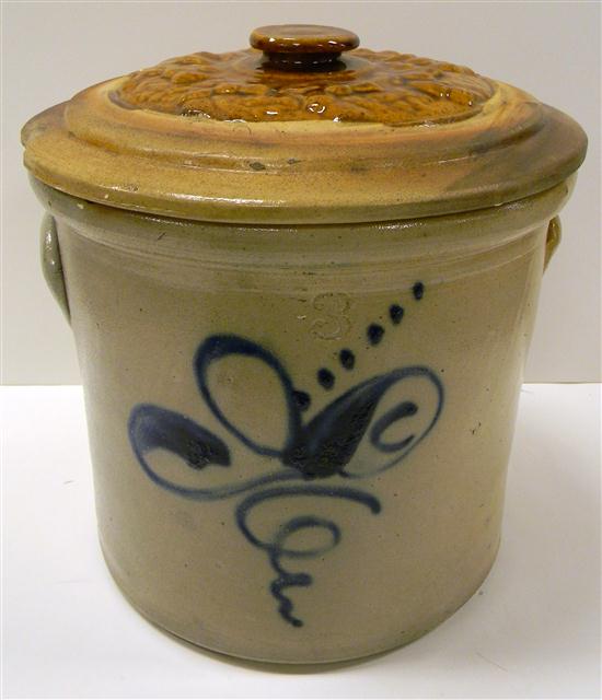 Appraisal: Unmarked three gallon salt glazed stoneware crock free form cobalt