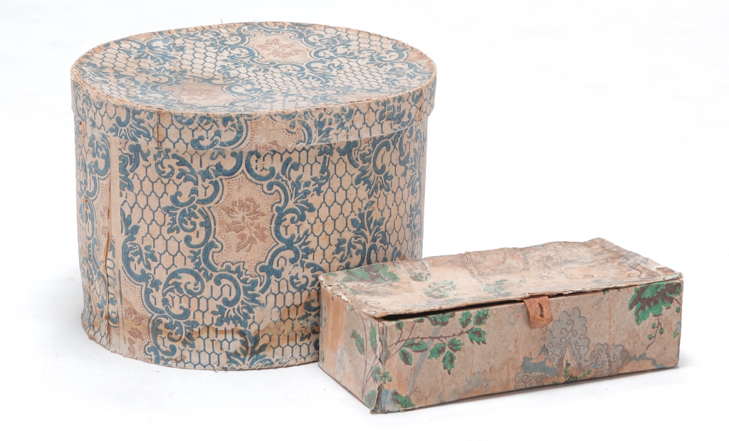 Appraisal: TWO AMERICAN WALLPAPER BOXES Mid th century Oval box with