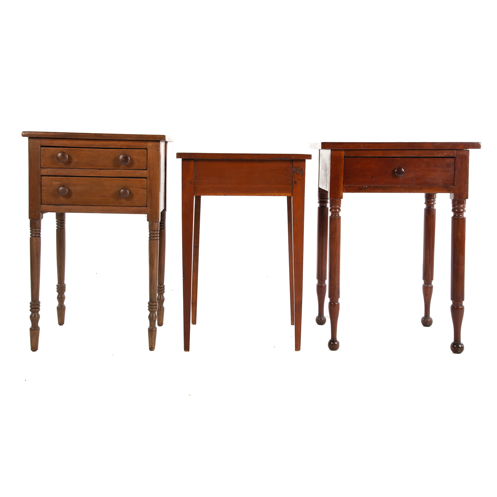 Appraisal: THREE AMERICAN COUNTRY WORK TABLES th century two drawer stand