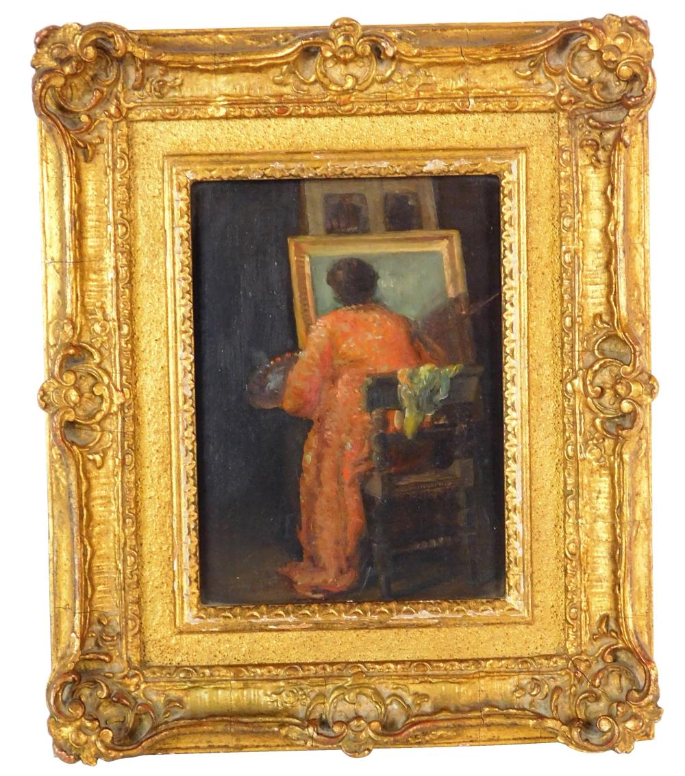 Appraisal: Double sided th C portrait of red-robed female painter with