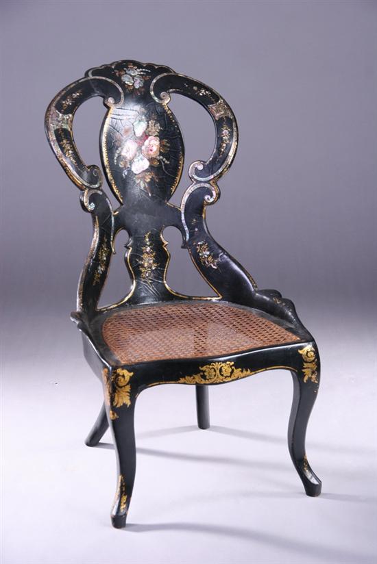 Appraisal: ENGLISH VICTORIAN MOTHER-OF-PEARL AND PAPIER-MACHE CHAIR Circa Balloon-form chair back