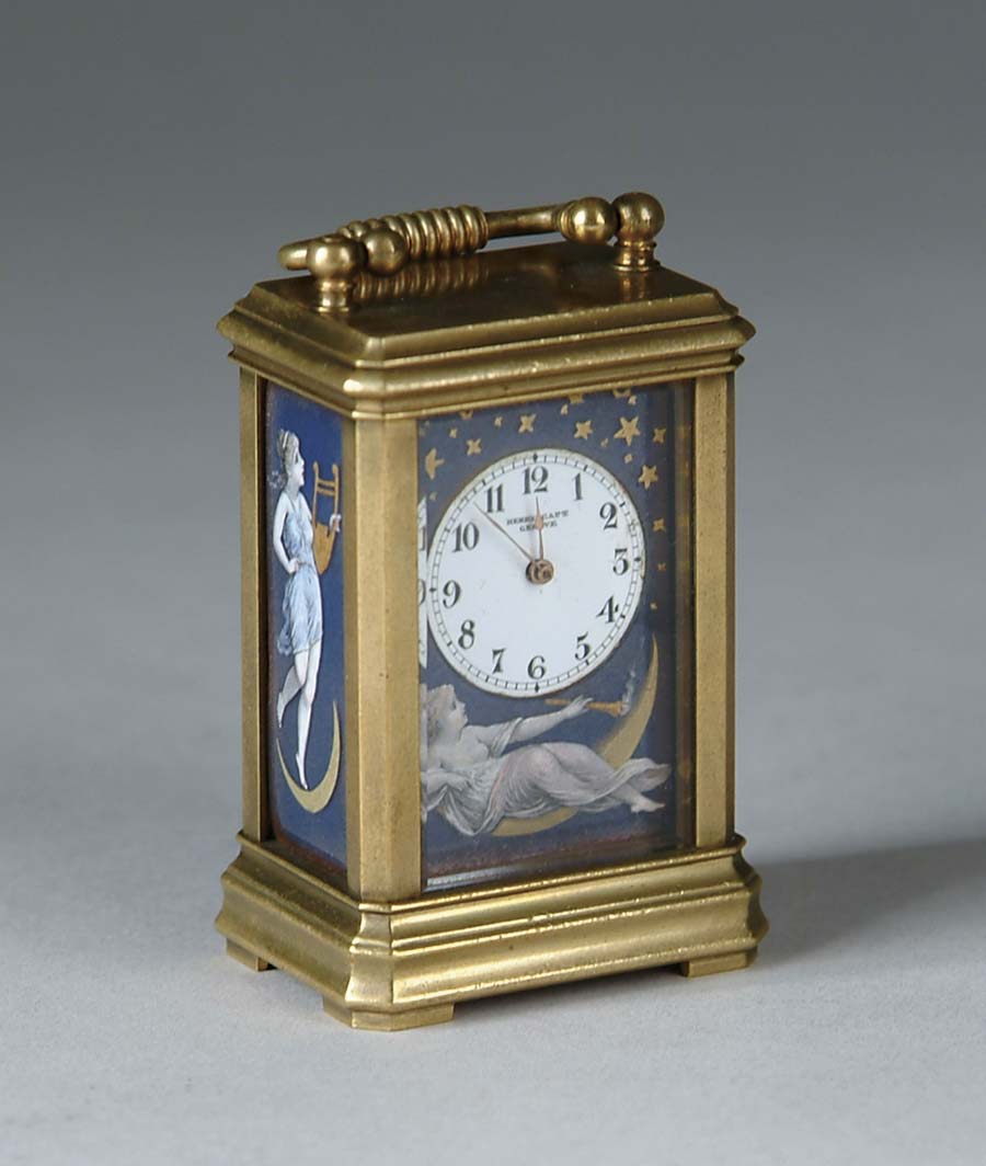 Appraisal: MINIATURE ENAMELED CARRIAGE CLOCK Exceptional miniature carriage clock has white