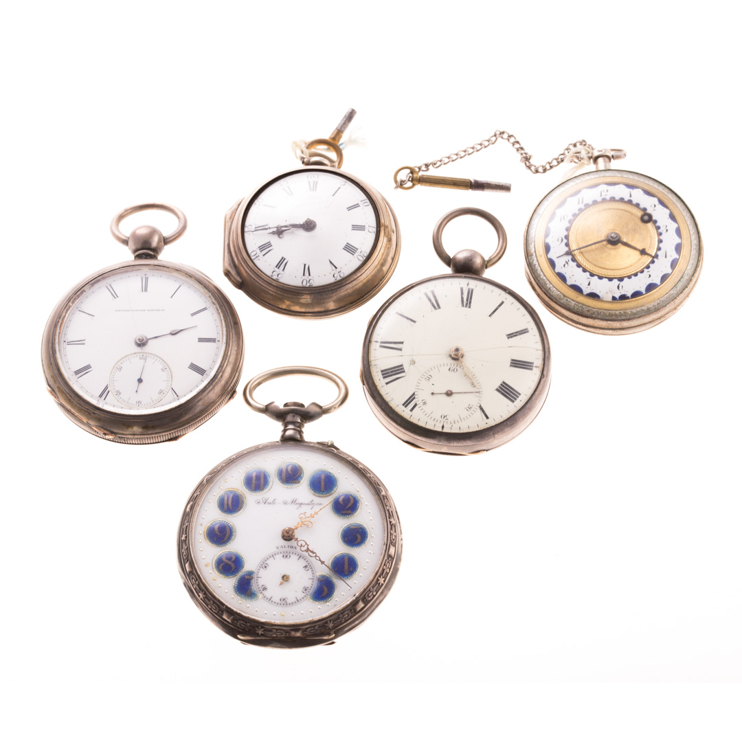 Appraisal: A Collection of Five Open Face Pocket Watches silver vintage