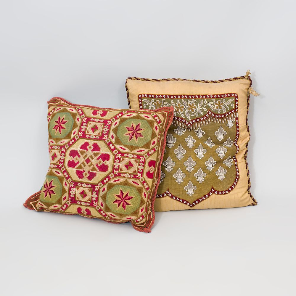 Appraisal: Two Embroidered Pillows The first beadwork the second needlework The