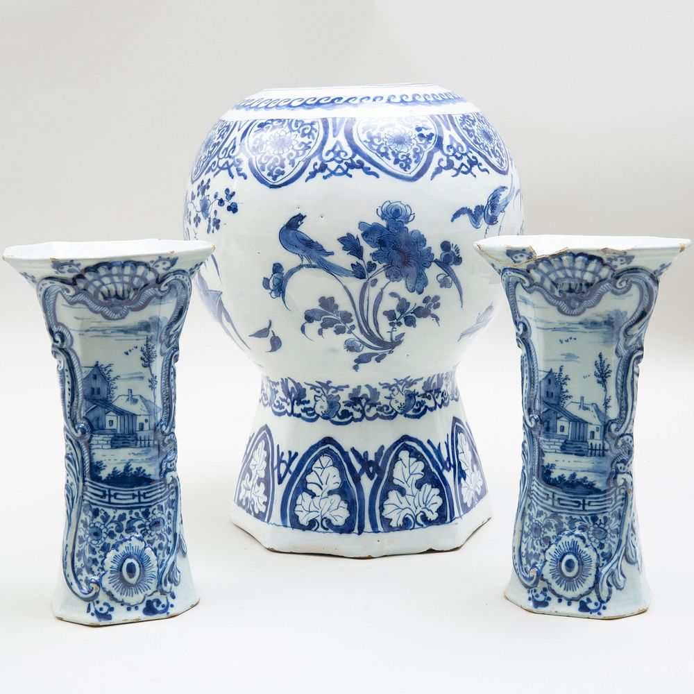 Appraisal: Three Dutch Delft Blue and White Vases Comprising A baluster