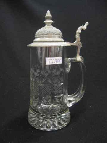 Appraisal: German Etched Cut Crystal Stein pewter lid '' tall excellent