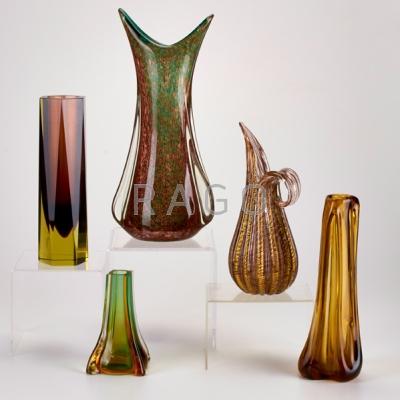 Appraisal: BAROVIER MURANO Five glass vases Italy Remnant of one label