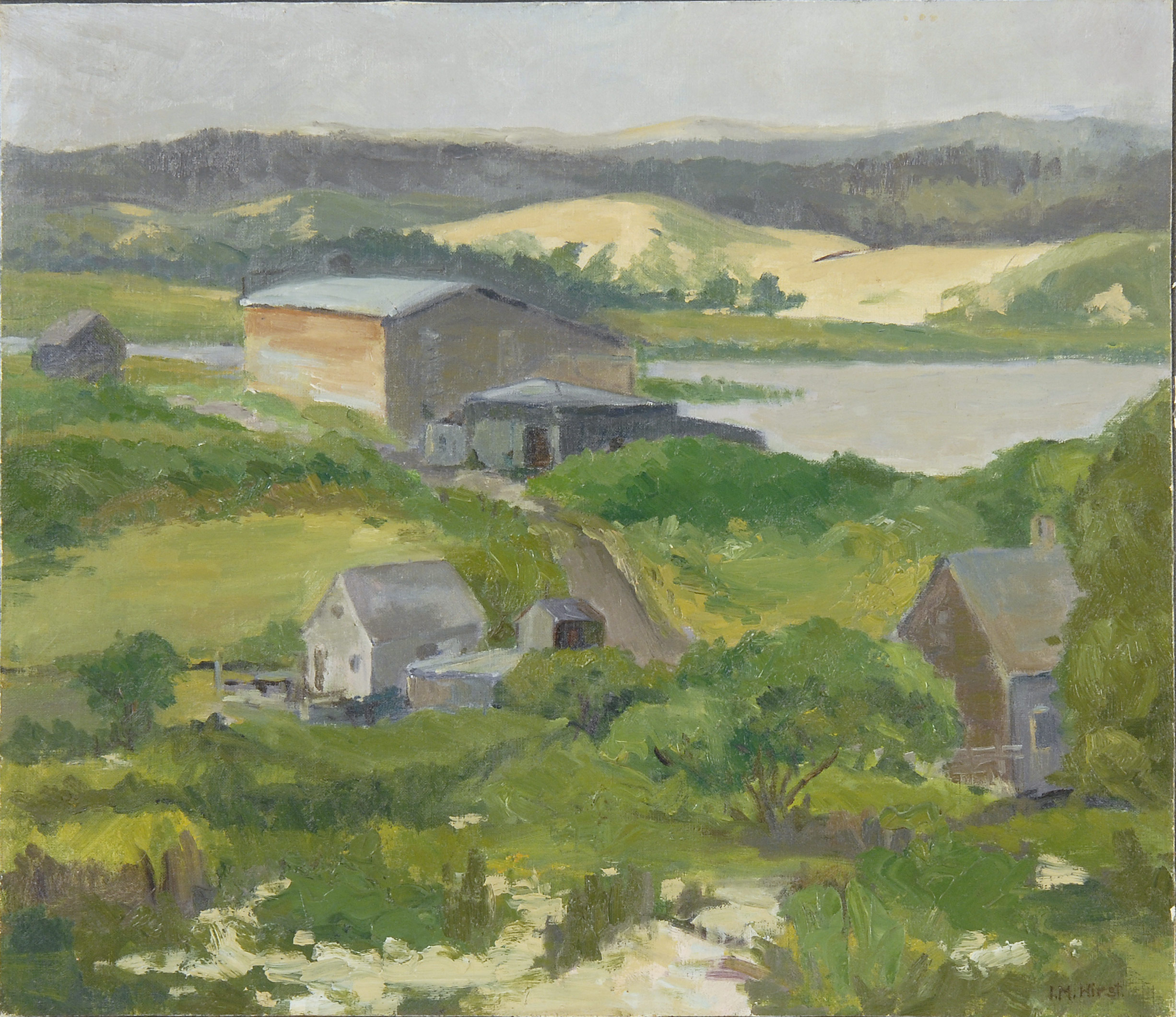 Appraisal: UNFRAMED PAINTING UNTRACED ARTIST American Early-to-Mid- th Century Buildings amidst