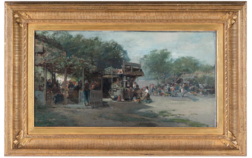 Appraisal: RANSOM HOLDREDGE - OLD VILLAGE MARKET SCENE oil on canvas