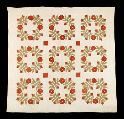 Appraisal: Appliqued cotton quilt mid-western states mid- th century Rose wreath