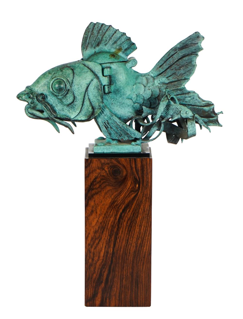 Appraisal: TH CENTURY ANTHROPOMORPHIC FISHbronze with verdigris patina mounted to wooden