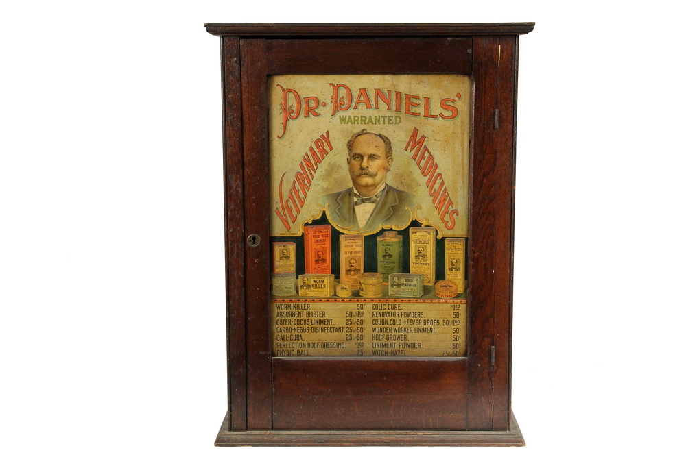 Appraisal: VETERINARY ADVERTISMENT CABINET - Dr Daniels' Veterinarian Medicines with oak