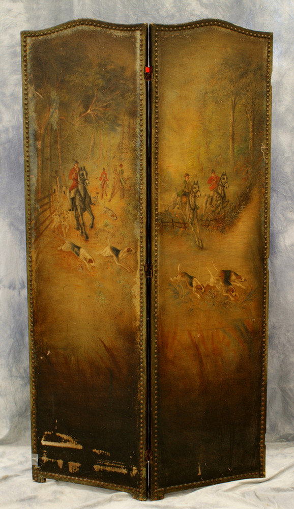 Appraisal: part leather screen hand painted with fox hunt scenes some