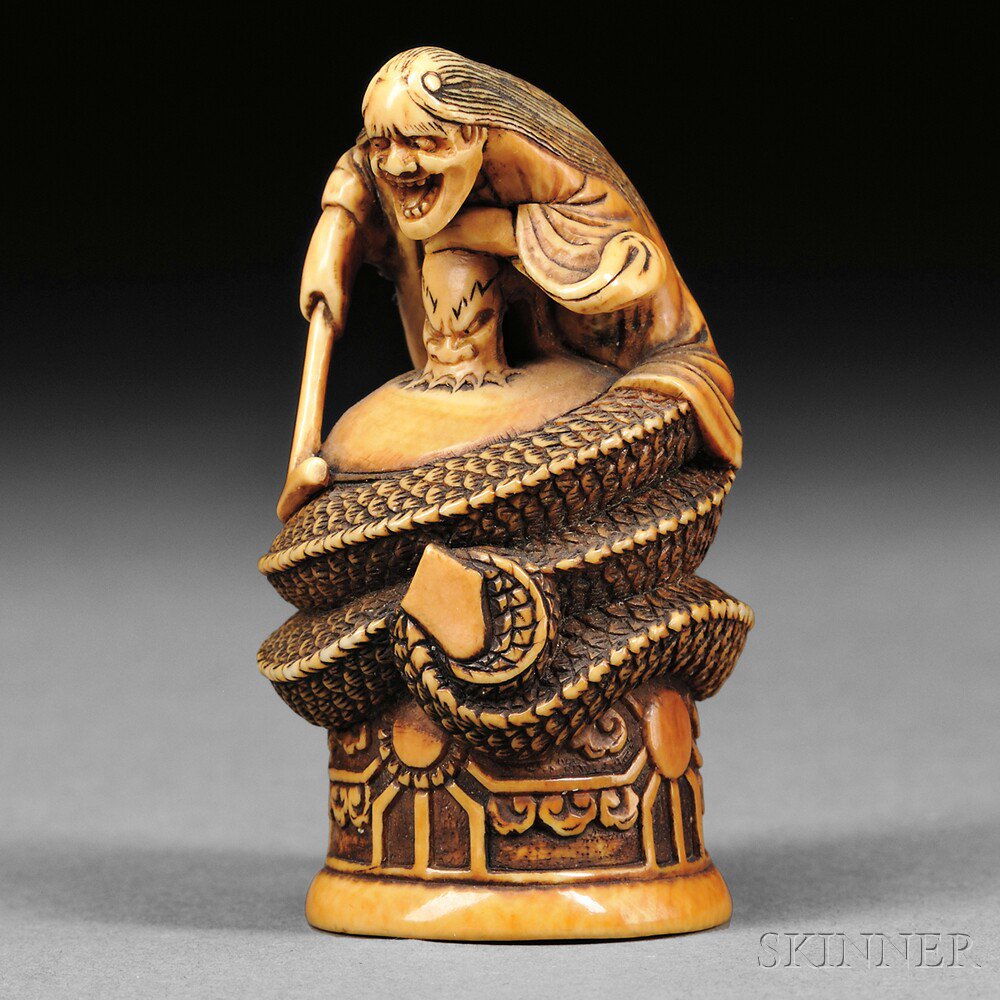 Appraisal: Ivory Netsuke of a Long-haired Kiyohime Japan th century sitting