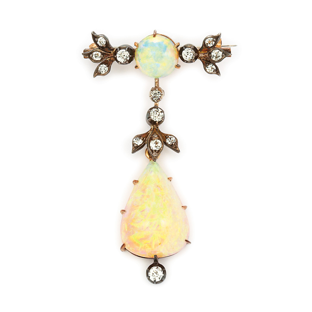 Appraisal: Antique Opal and Diamond Brooch One pear-shaped opal ap cts