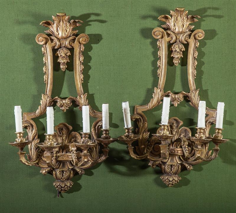 Appraisal: Pair of R gence Style Gilt-Metal Four-Light Wall Sconces x