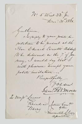 Appraisal: Samuel F B Morse letter seven-line autograph letter December to