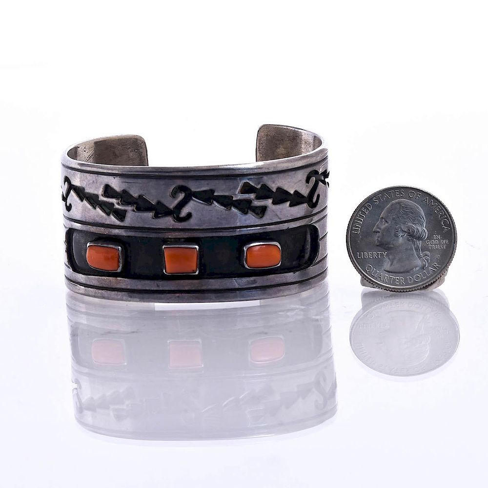 Appraisal: NATIVE AMERICAN SILVER CUFF WITH CORAL STONE C approx weight