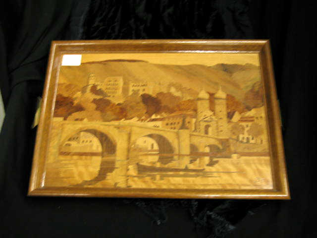 Appraisal: Marquetry Inlaid Wooden Serving Tray European Village scene signed