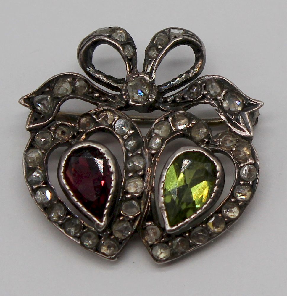 Appraisal: JEWELRY Victorian Twin Hearts Diamond Brooch Victorian twin heart silver