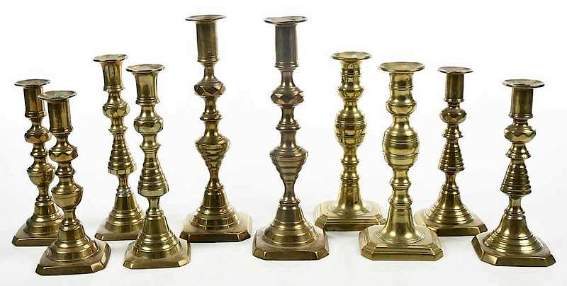 Appraisal: Ten Brass Candlesticks probably British five pairs some with push