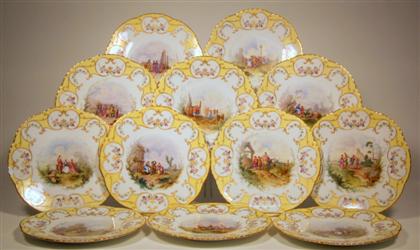 Appraisal: Set of twelve French lemon ground painted cabinet p latesretailed