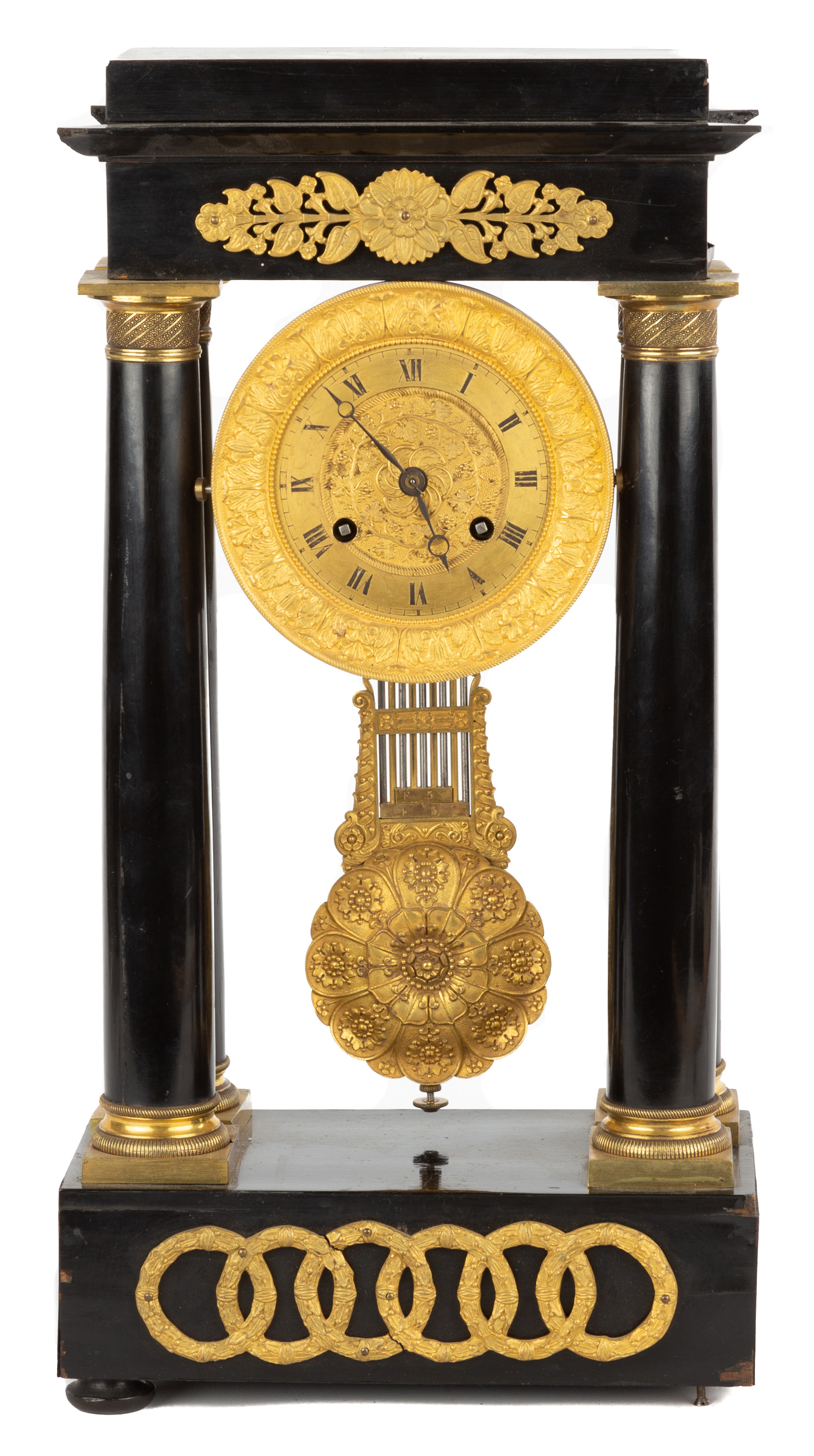 Appraisal: FRENCH PORTICO CLOCK th century Ebonized case with gilt bronze