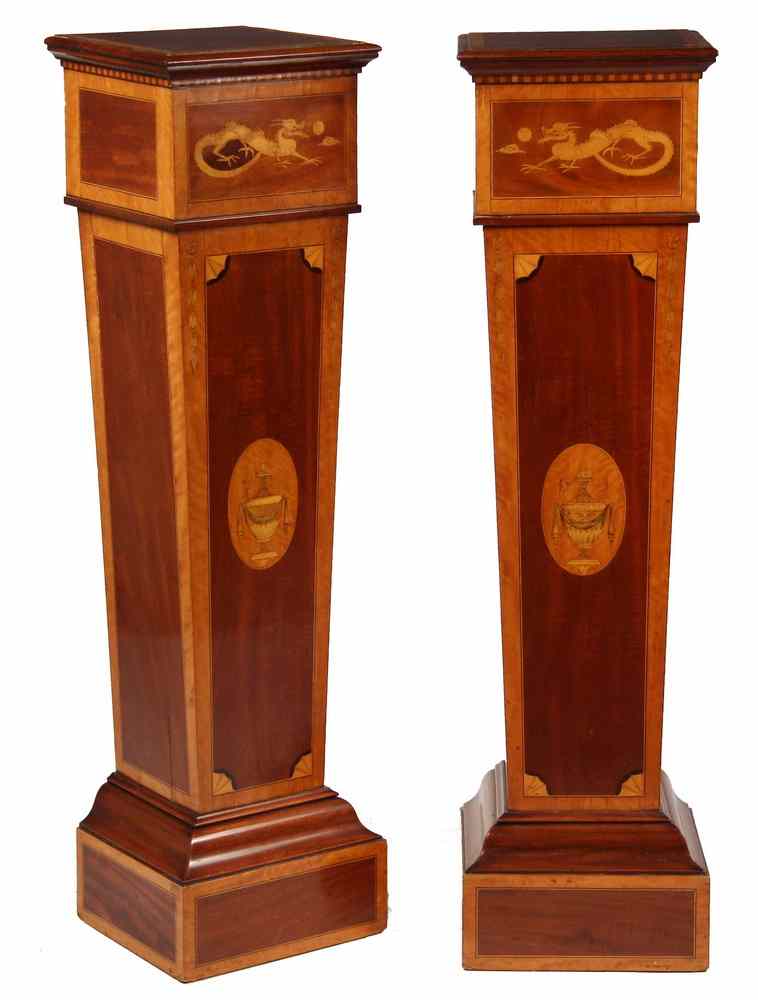 Appraisal: PAIR OF INLAID PEDESTALS - Pair of th c Mahogany