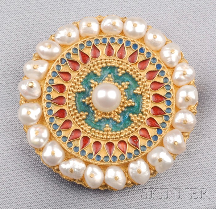 Appraisal: kt Gold Cultured Pearl and Enamel Brooch with cloisonne enamel