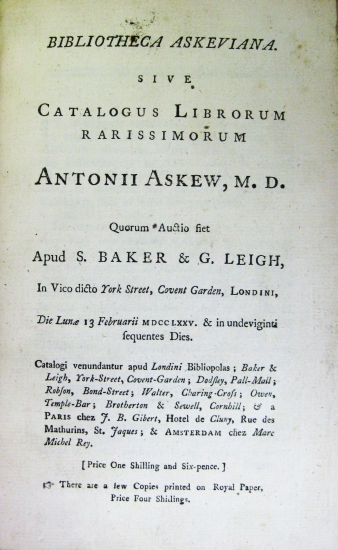 Appraisal: ASKEW ANTHONY Bibliotheca Askeviana Sive Catalogus librorum rarissimorum Antonii Askew