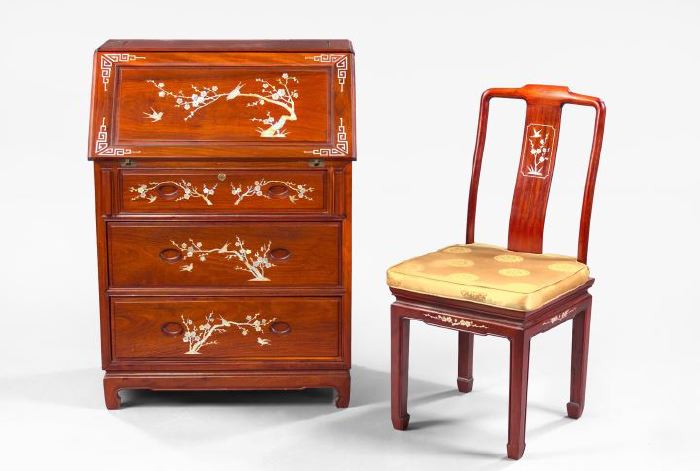 Appraisal: Anglo-Chinese Mother-of-Pearl-Inlaid Mahogany Slant-Front Desk and Matching Chair the desk