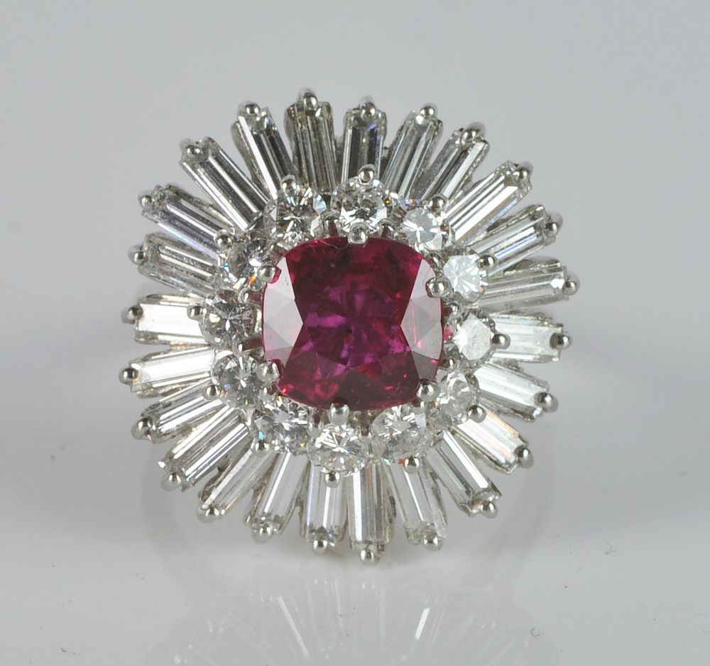 Appraisal: Platinum Ruby Diamond Ballerina Ring Platinum mounting with cushion cut