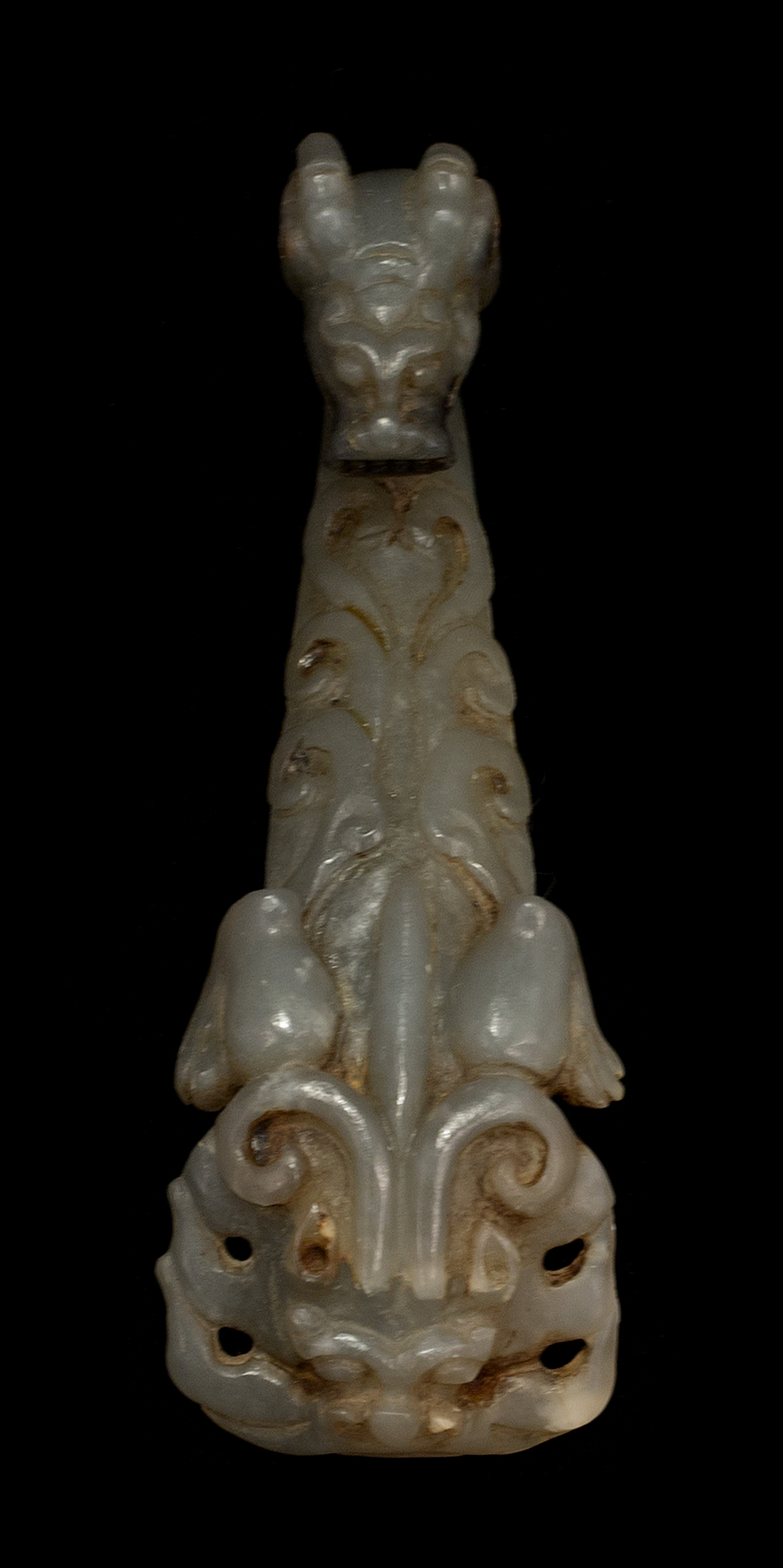 Appraisal: CARVED GRAY JADE GIRDLE HOOK th CenturyWith a dragon's head